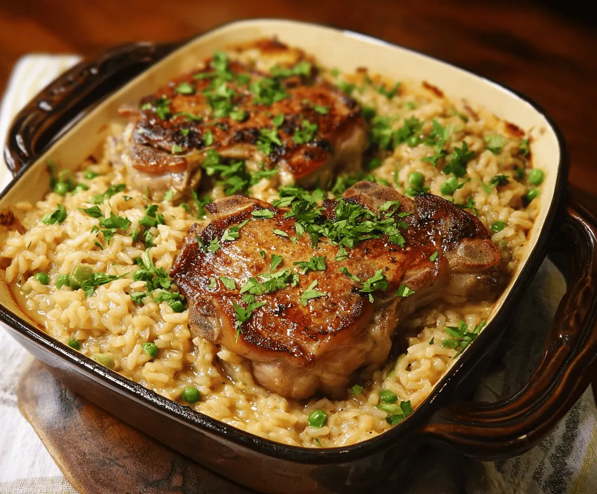 Delicious pork chops and rice casserole with melted cheese and fresh herbs on top, served on a white plate.