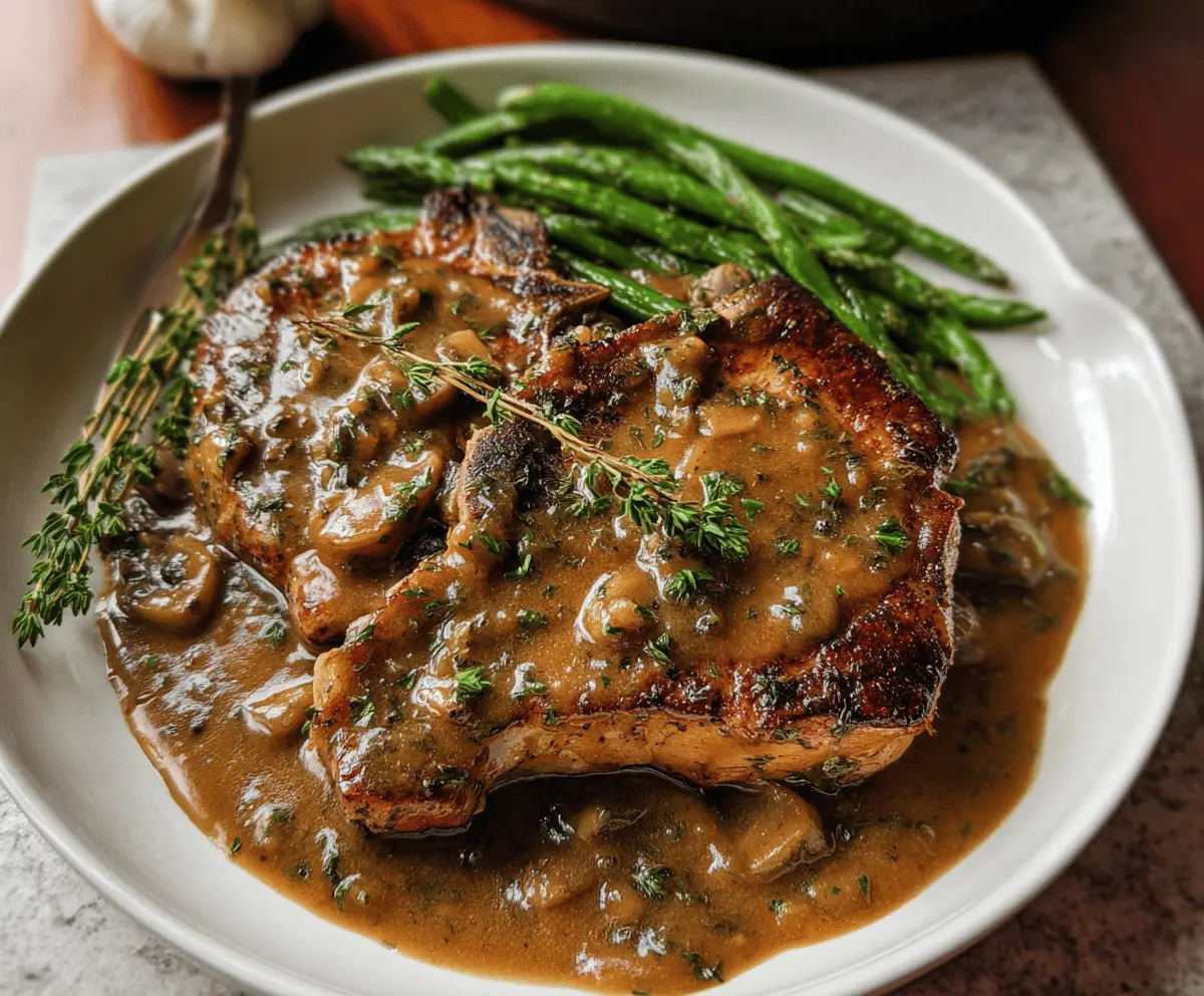 Juicy pork chops topped with rich brown gravy served on a white plate, garnished with fresh herbs