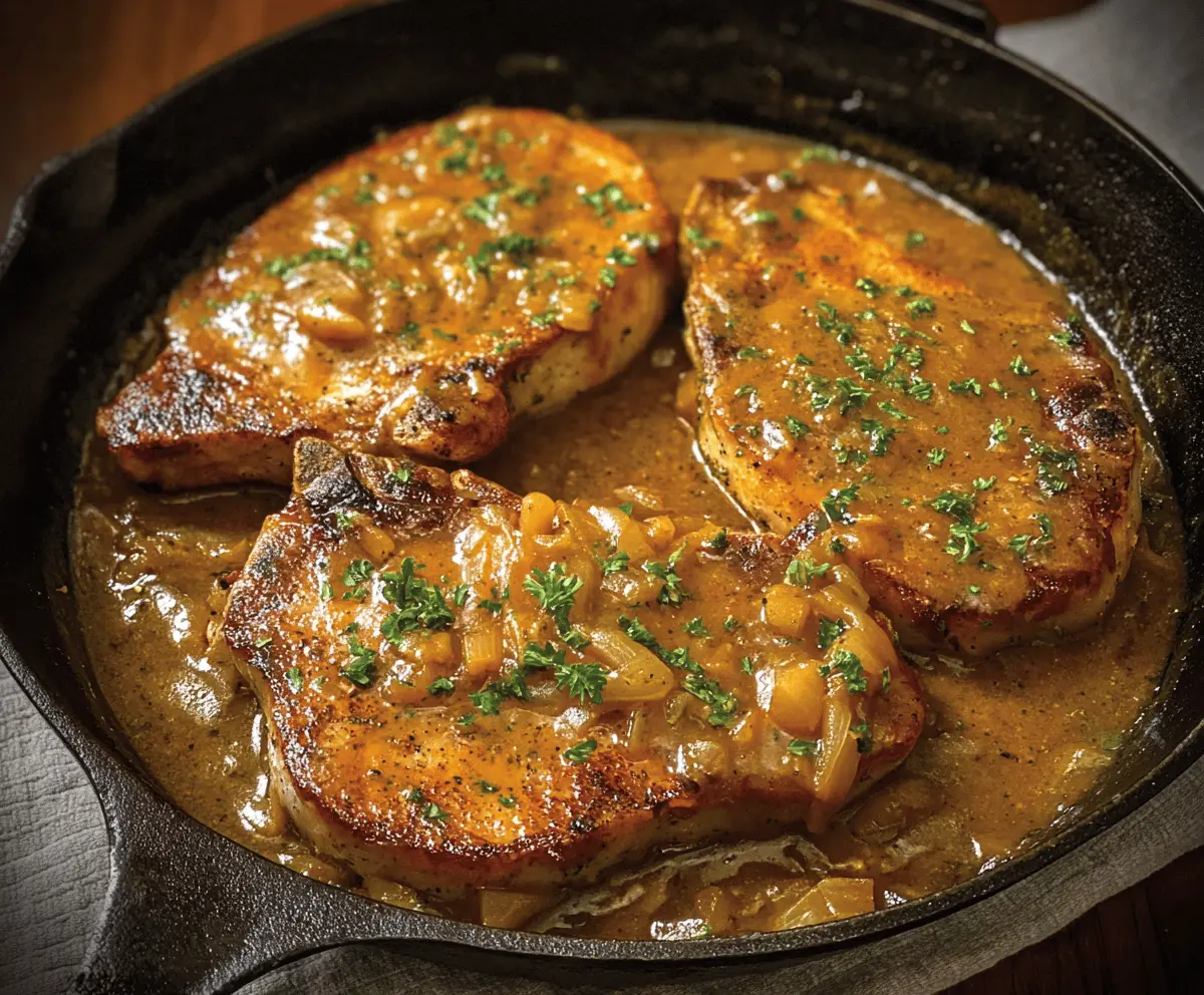 Juicy pork chops served with savory onion gravy on a plate, garnished with fresh herbs for a hearty, flavorful meal.