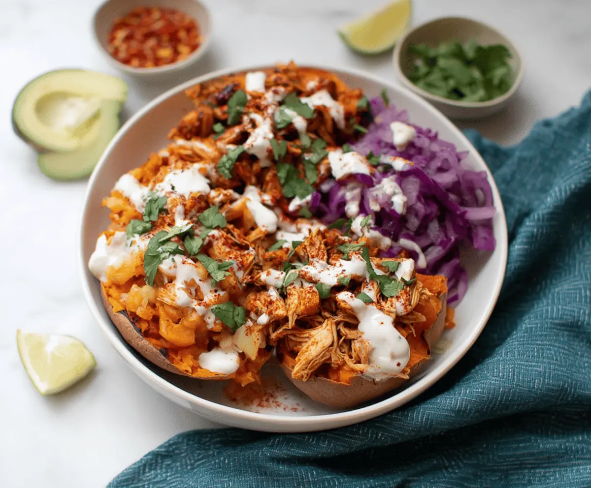 Delicious pulled chicken sweet potato bowls topped with fresh herbs and colorful vegetables, perfect for a healthy meal.