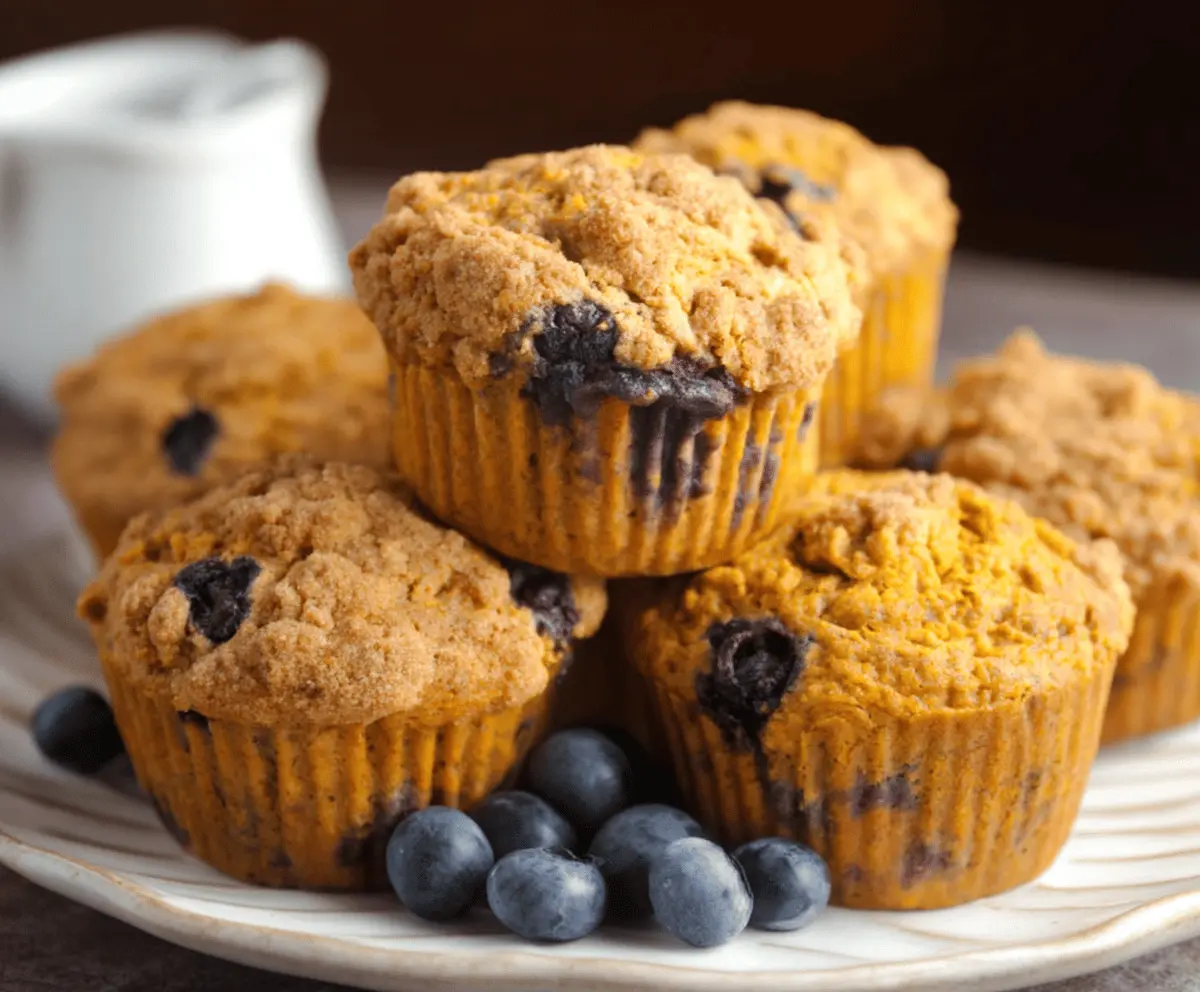 Freshly baked pumpkin blueberry muffins topped with a sprinkle of cinnamon, showcasing a moist, fluffy texture and vibrant blueberry bursts inside.
