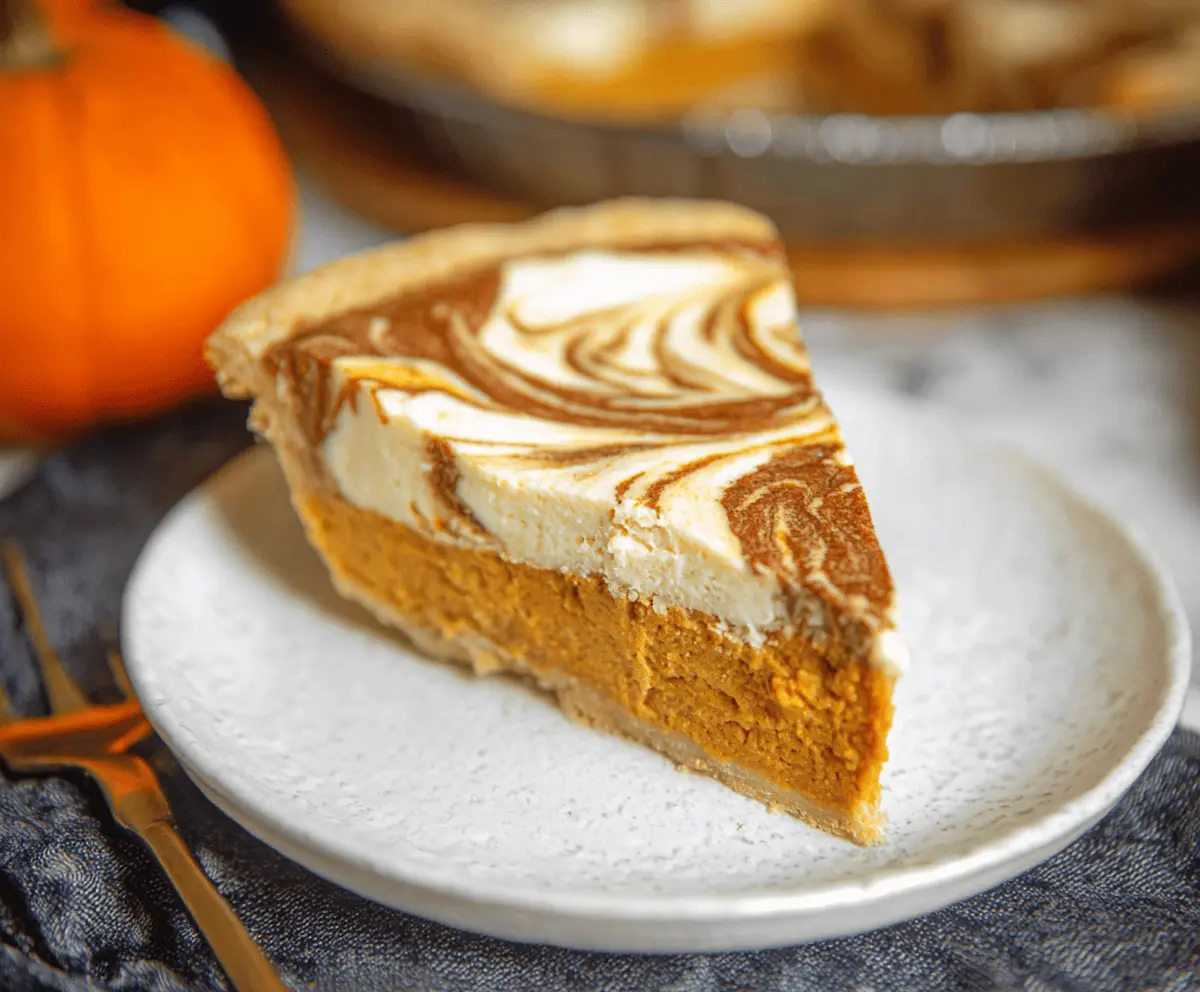 Creamy pumpkin cheesecake swirl pie topped with whipped cream and cinnamon, perfect for fall desserts.