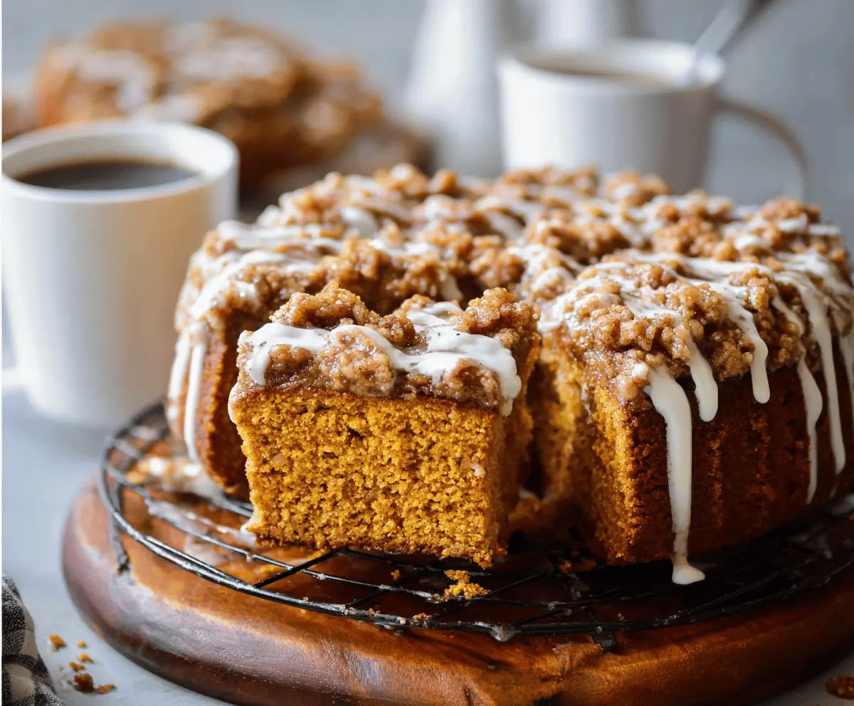 Delicious homemade pumpkin coffee cake topped with cinnamon streusel, perfect for fall breakfast or dessert.