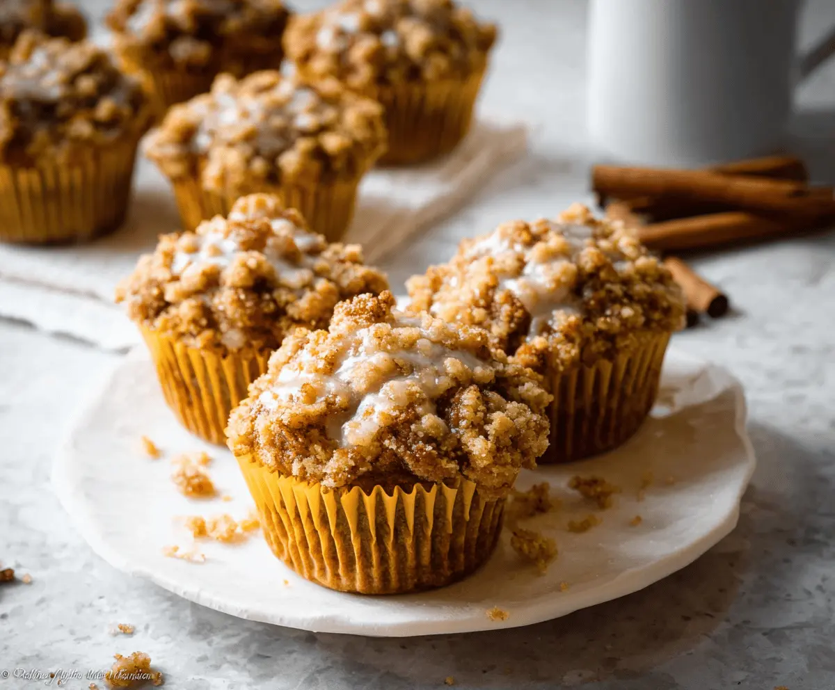 Freshly baked pumpkin crumble muffins topped with golden crumble and a sprinkle of cinnamon, ready to enjoy