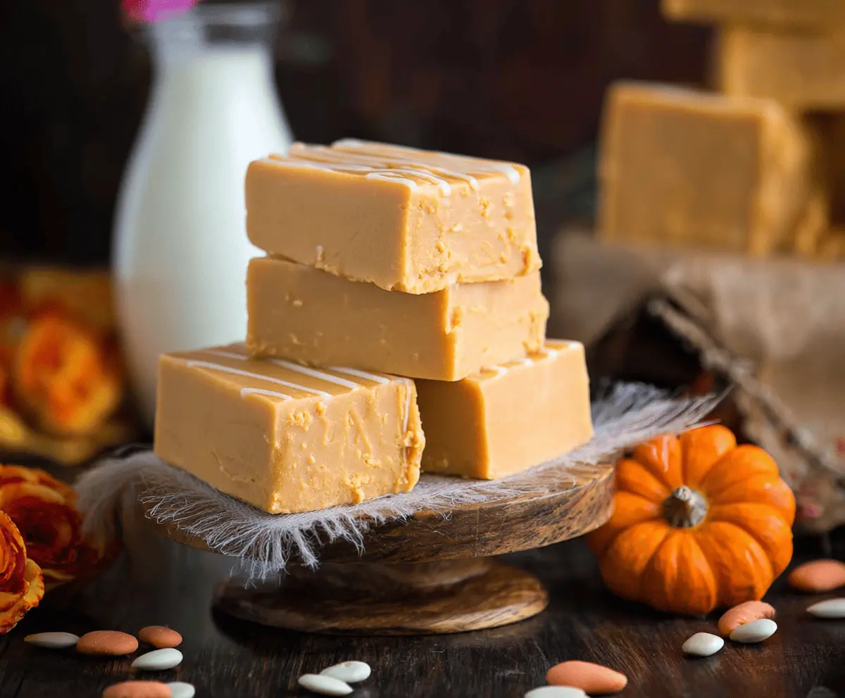 Creamy homemade pumpkin fudge topped with chopped nuts and a drizzle of caramel, perfect for fall holidays and festive treats.