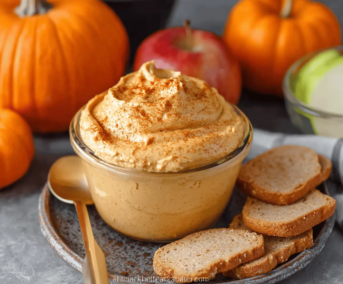 Creamy pumpkin mousse dip garnished with whipped cream and cinnamon in a white serving bowl, perfect for fall parties