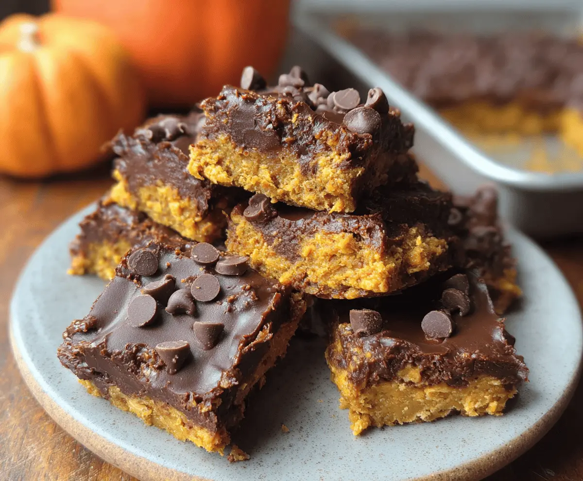 Delicious homemade pumpkin peanut butter bars topped with chocolate drizzle on a rustic wooden surface, perfect for fall desserts