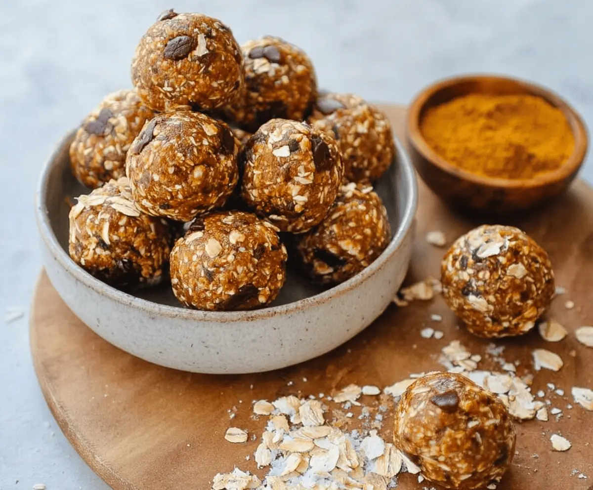 Delicious homemade pumpkin protein balls with oats, nuts, and pumpkin seeds on a rustic wooden surface, perfect for a healthy snack.