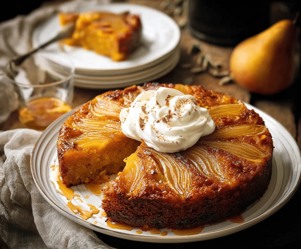 Delicious pumpkin upside down cake topped with caramelized pumpkin slices and whipped cream, perfect for fall desserts.