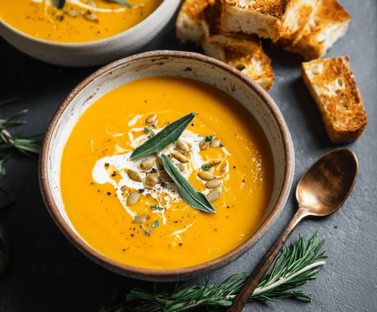 Creamy roasted butternut squash soup garnished with fresh herbs in a white bowl, perfect for cozy fall dinners.