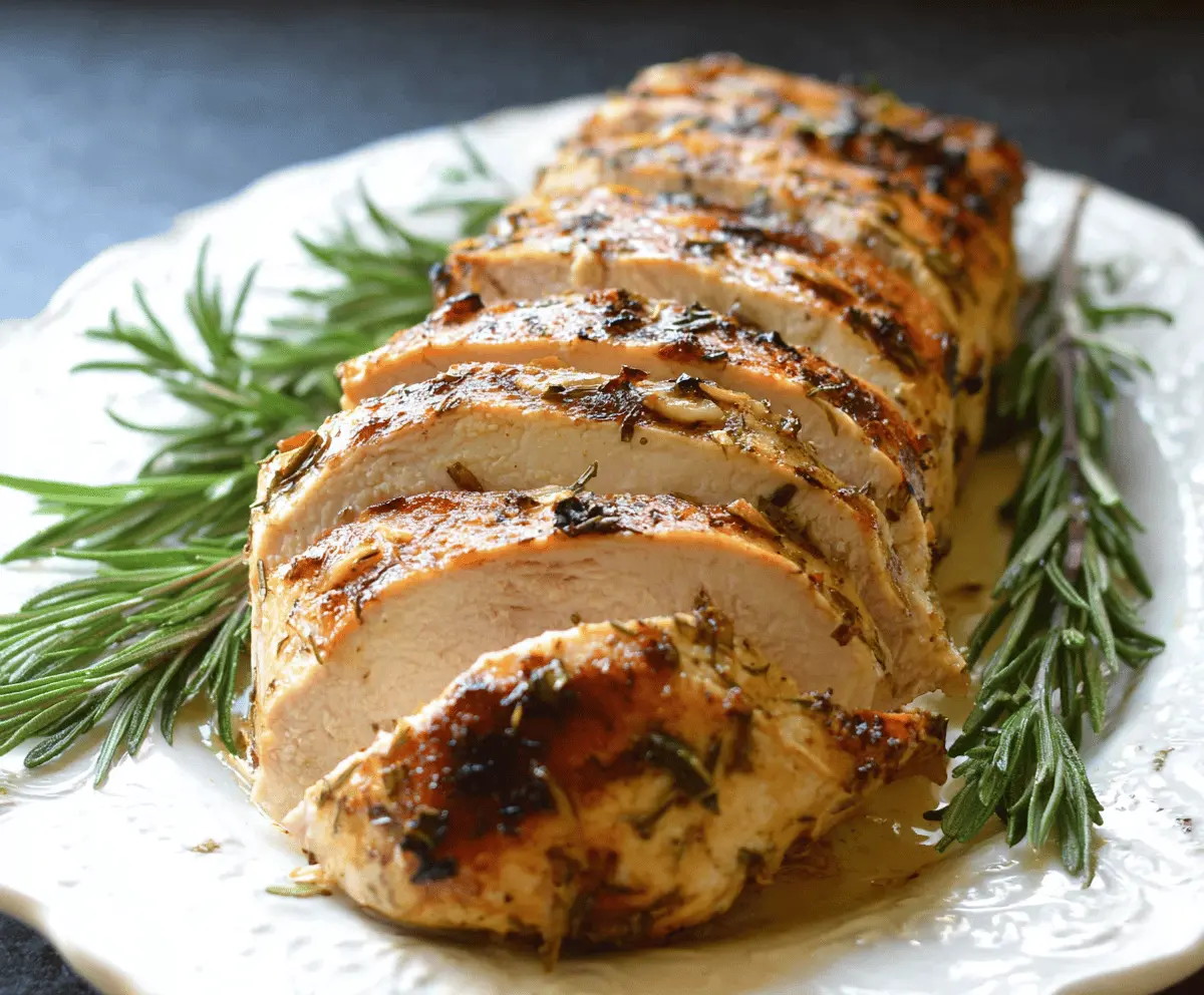 Juicy rosemary garlic turkey breast roast garnished with fresh herbs on a white serving platter, ready to serve