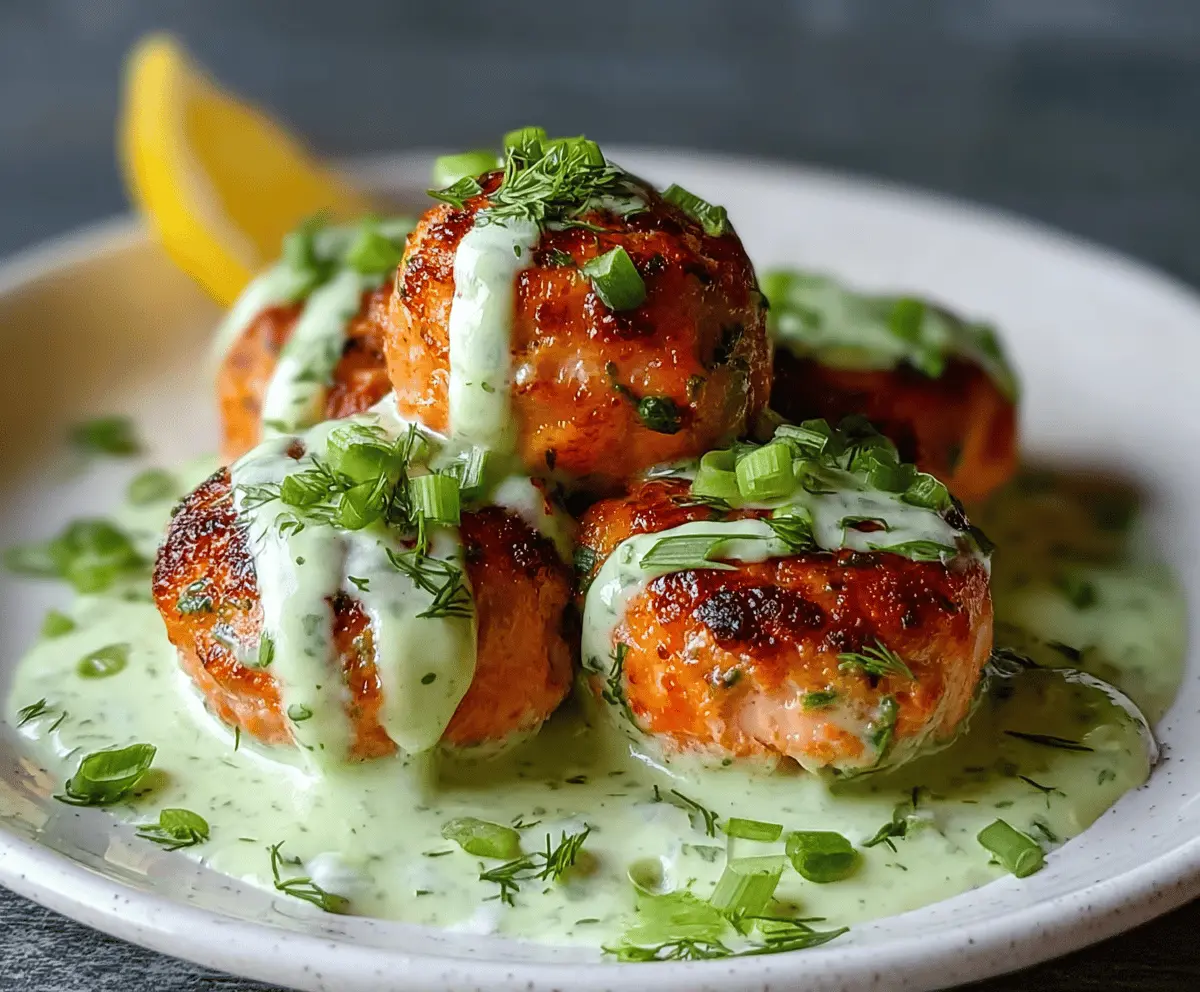 Salmon Balls served with creamy avocado sauce on a white plate, garnished with fresh herbs and lemon wedges