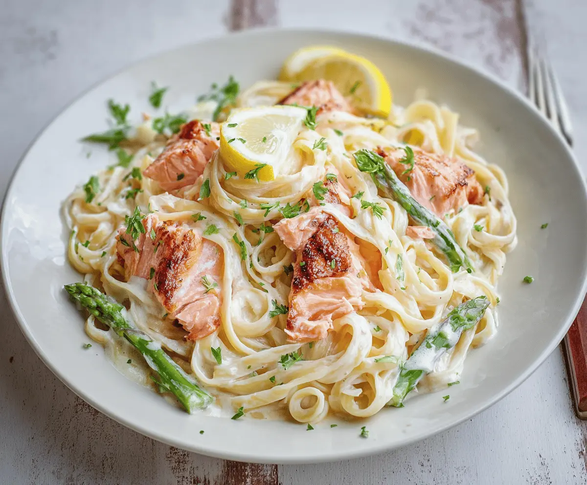 Delicious salmon pasta with a creamy lemon sauce served on a white plate.