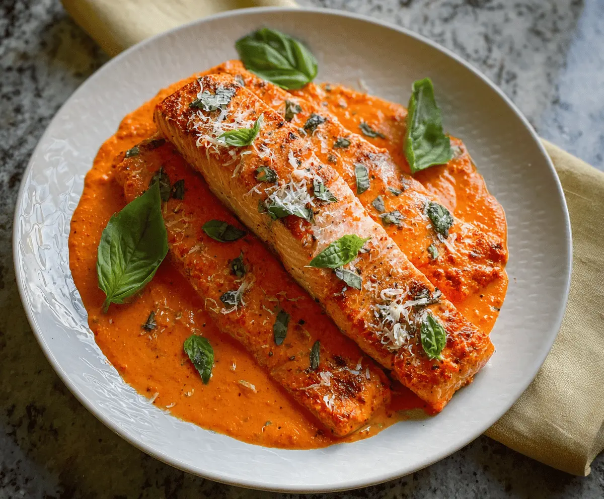 Delicious baked salmon topped with vibrant roasted red pepper sauce, served with fresh herbs and lemon wedge on a white plate