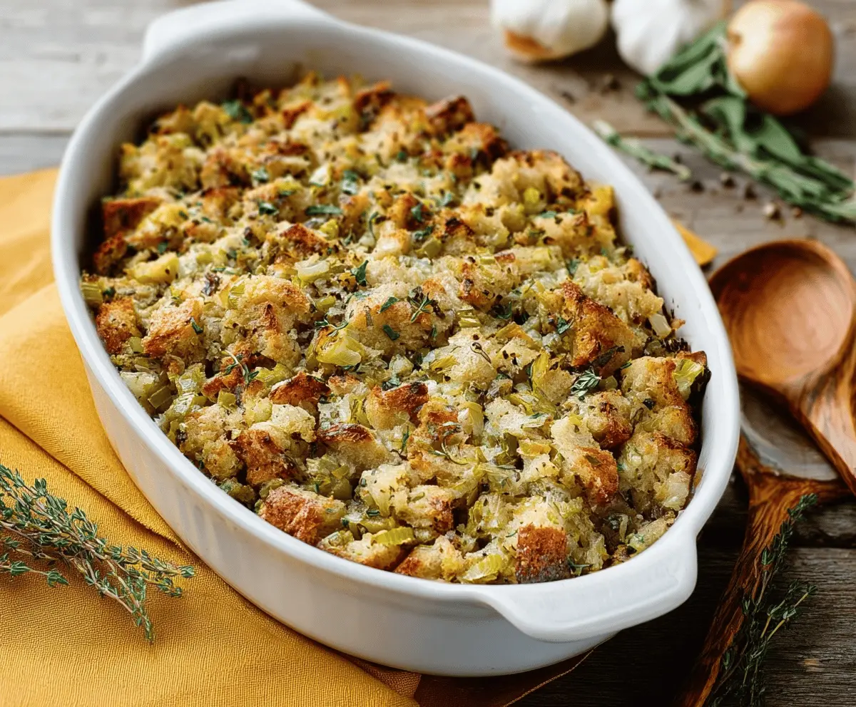 Delicious savory herb stuffing with fresh herbs and bread cubes for a hearty holiday side dish.