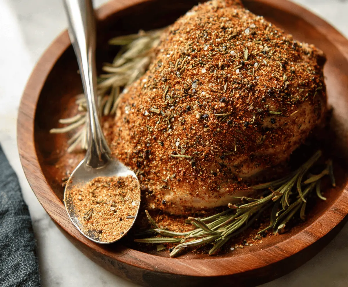 Close-up of a bowl with homemade simple turkey rub seasoning for flavorful poultry.