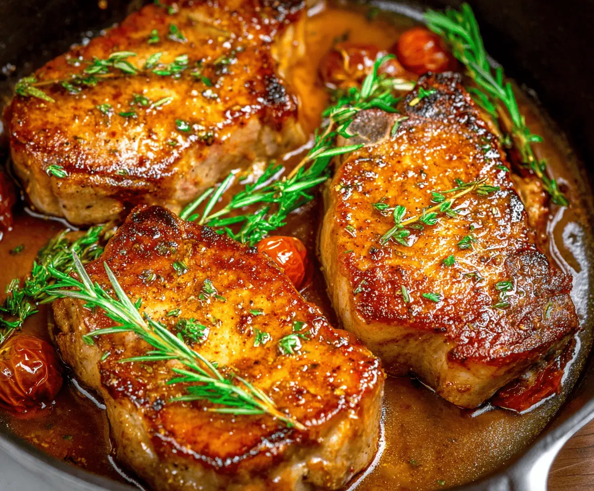 Juicy skillet pork chops cooked to perfection with golden-brown crust, served with fresh herbs and vegetables