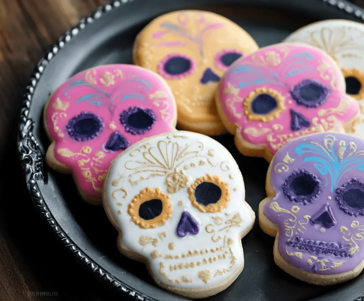 Decorative skull-shaped sugar cookies with colorful icing and intricate designs, perfect for Halloween treats.