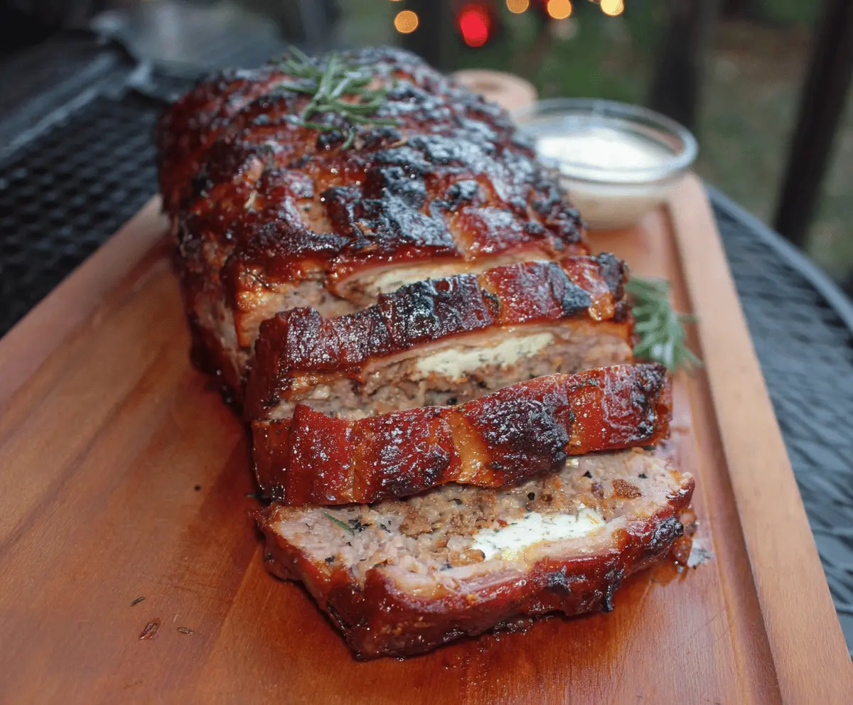 Delicious homemade smoked meatloaf topped with glaze, served on a wooden cutting board with fresh herbs, perfect for a flavorful dinner
