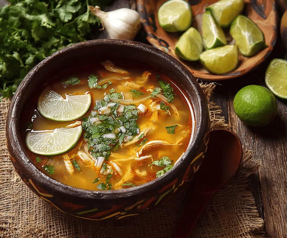 A steaming bowl of Sopa de Lima featuring tender chicken, fresh lime slices, crispy tortilla strips, and vibrant herbs garnished for a traditional Mexican lime soup.