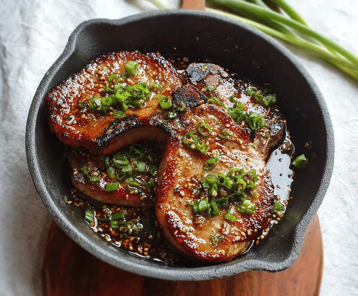 Juicy soy garlic glazed pork chops served with steamed vegetables on a white plate, perfect for a flavorful dinner recipe.