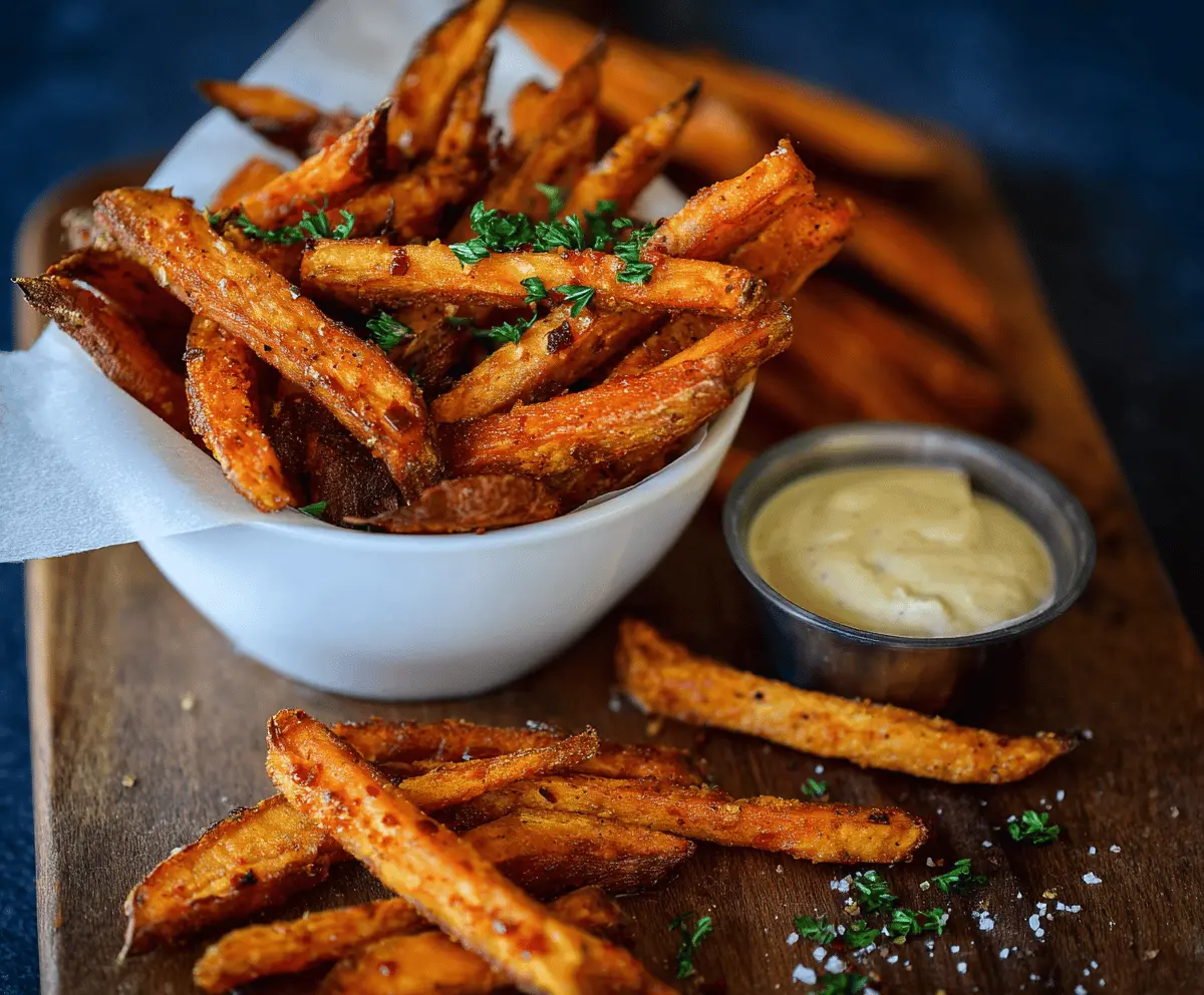 Crispy spicy garlic sweet potato fries served with a dipping sauce on a rustic plate