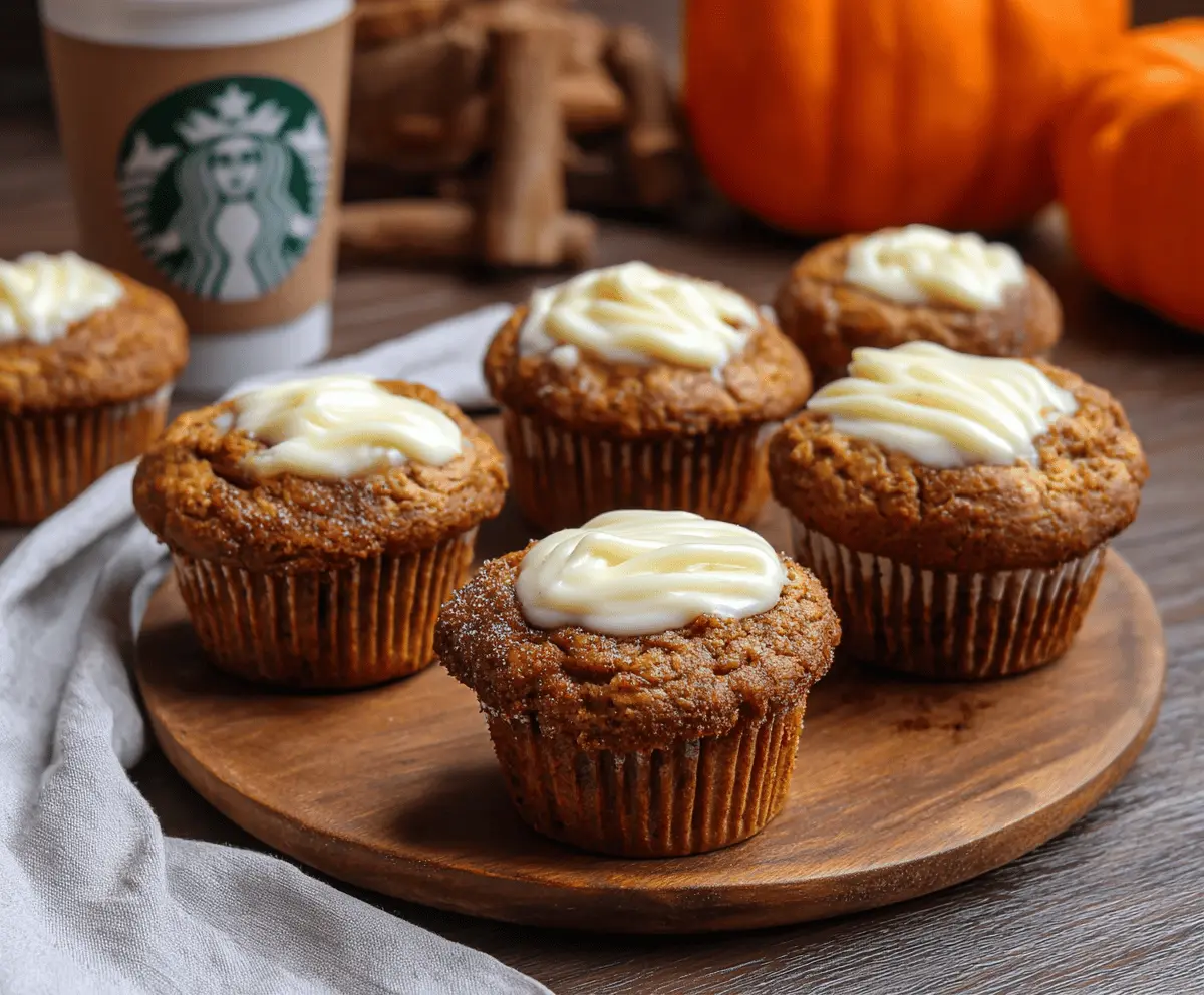 Delicious Starbucks Pumpkin Cream Cheese Muffins topped with cinnamon and powdered sugar on a plate, perfect for fall snacking.