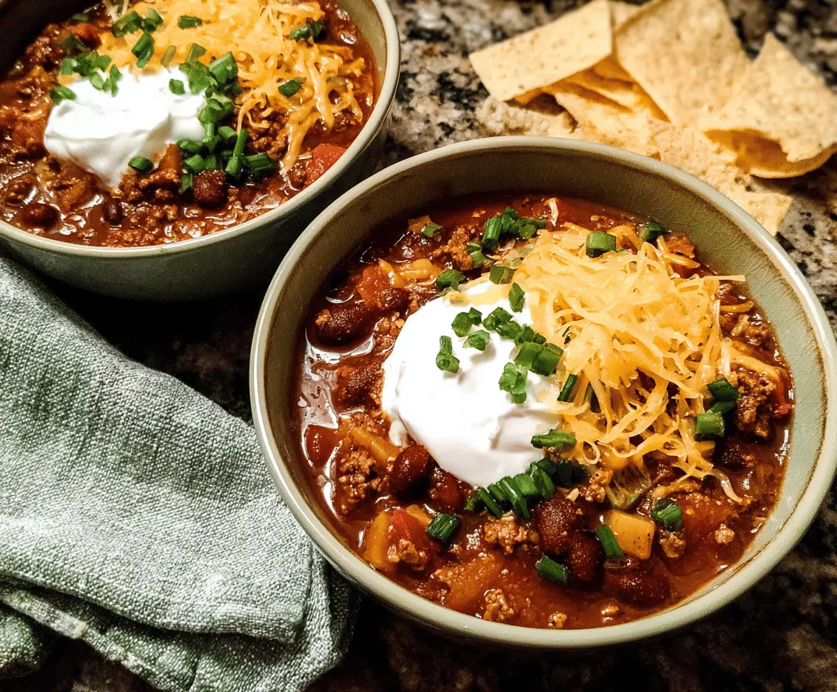 Delicious homemade stovetop chili with ground beef, beans, tomatoes, and spices in a pot, ready to serve.