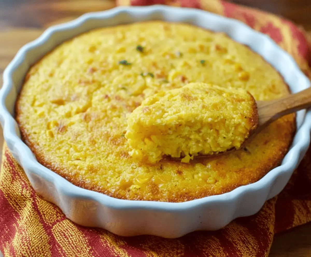 Creamy sweet corn pudding served in a rustic dish, perfect as a comforting dessert or side dish.