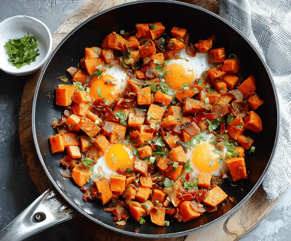 Colorful sweet potato breakfast hash with diced sweet potatoes, bell peppers, onions, and fresh herbs served in a skillet for a nutritious morning meal.