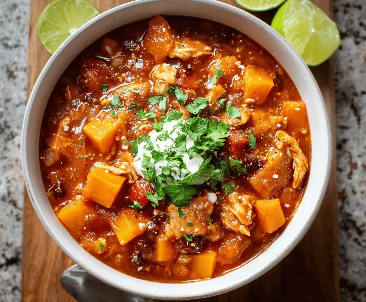 Hearty sweet potato chicken chili in a bowl topped with fresh herbs and served with crusty bread