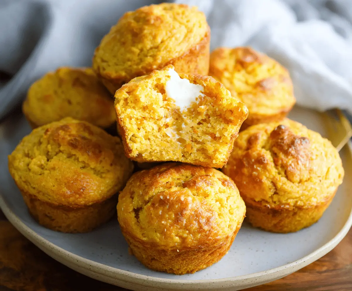 Delicious golden sweet potato cornbread muffins fresh out of the oven, showcasing a moist texture and flavorful ingredients.