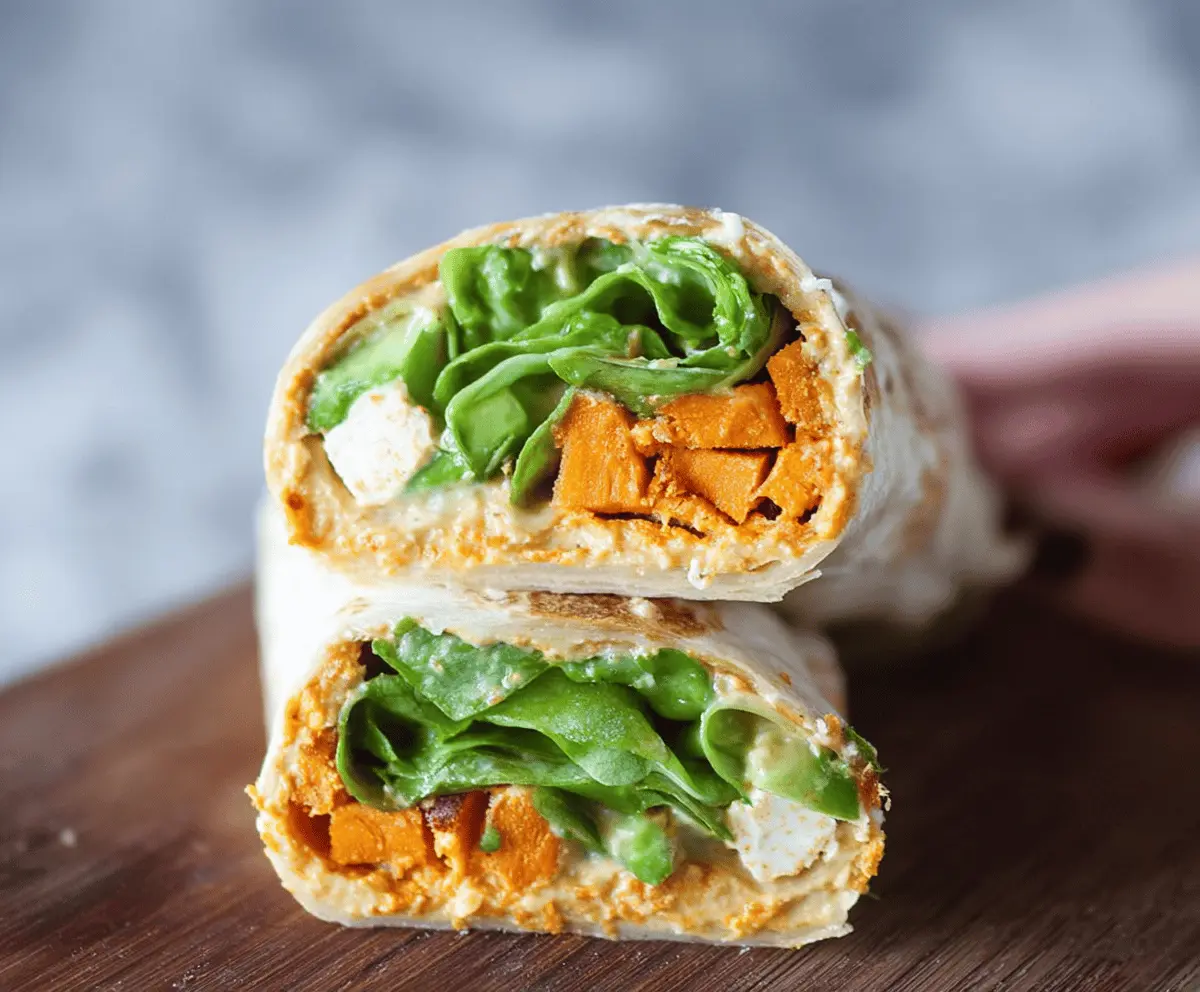 Healthy Sweet Potato Hummus Wrap filled with fresh vegetables and creamy hummus for a nutritious meal.