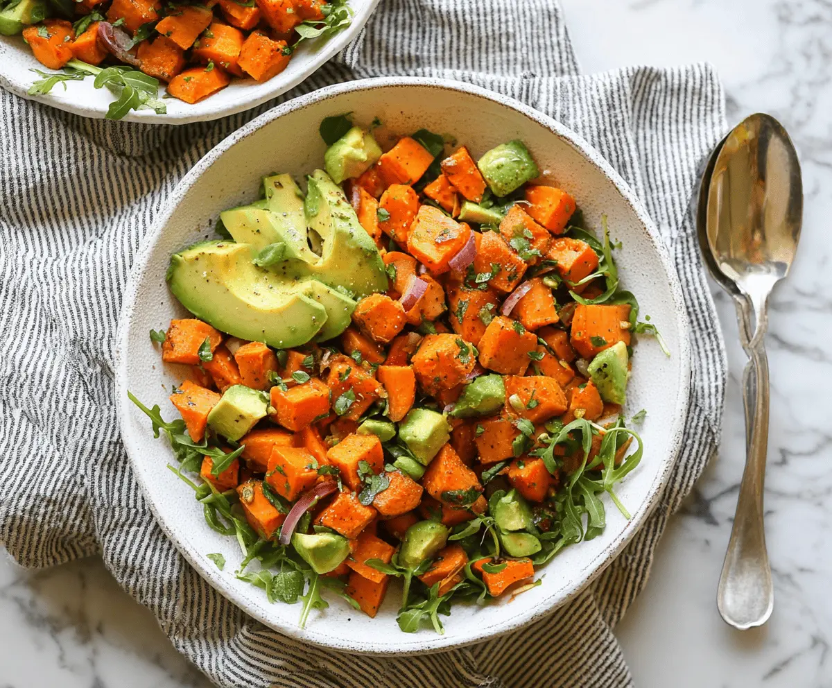 Creamy sweet potato salad with fresh avocado slices and vibrant vegetables, perfect for a healthy, flavorful meal.