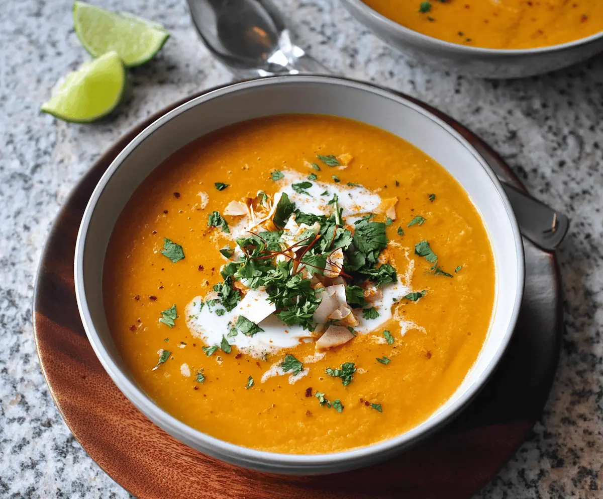 Creamy sweet potato soup topped with coconut milk garnished with fresh herbs in a bowl, perfect for a warm, comforting meal.