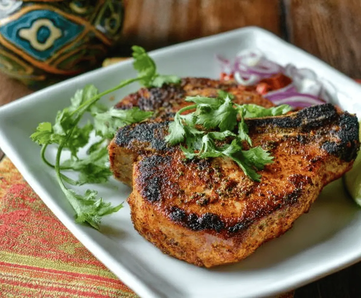 Juicy pork chops seasoned with flavorful taco spices, ready to serve as a delicious taco night dinner