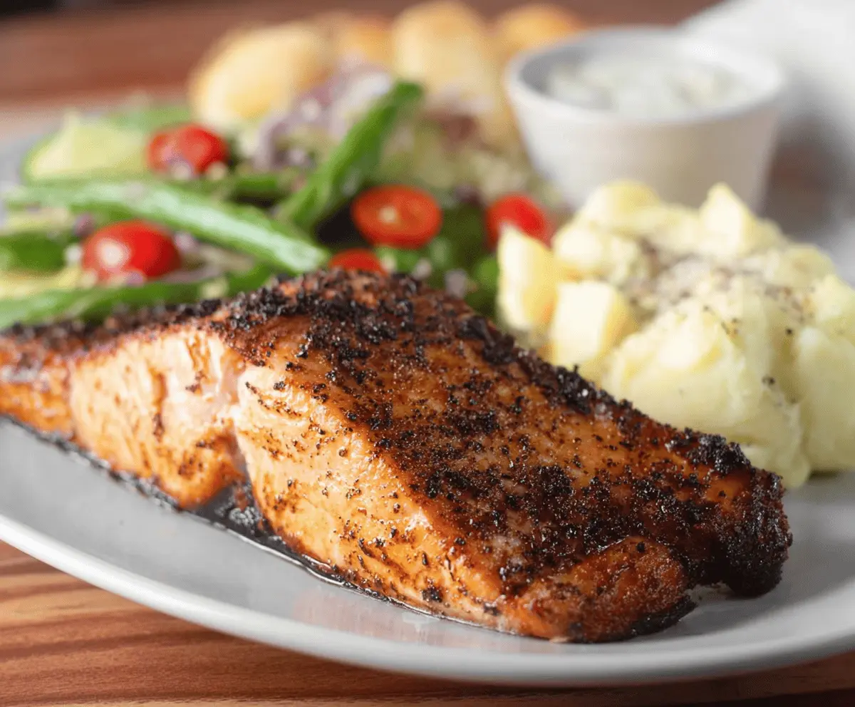 Delicious grilled Texas Roadhouse Salmon served with fresh lemon wedges and steamed vegetables on a plate.