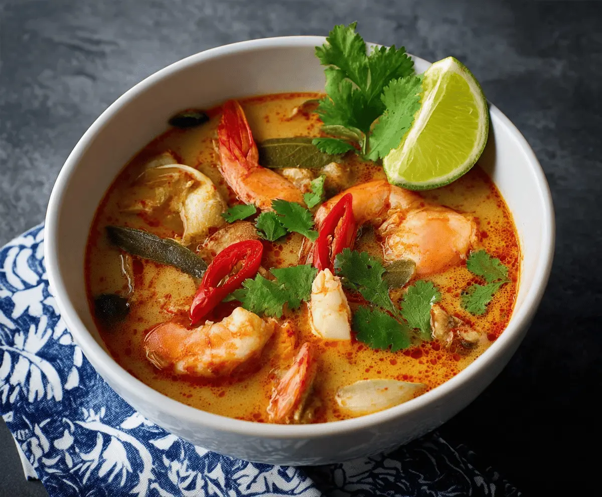 Spicy and sour Thai Tom Yum Soup with shrimp, mushrooms, lemongrass, and fresh herbs in a bowl