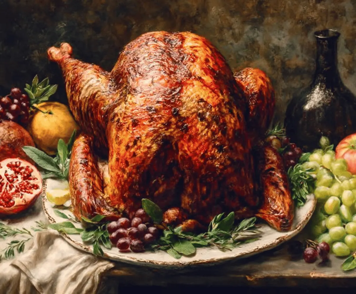 Golden roasted Thanksgiving turkey with crispy skin served on a festive table.