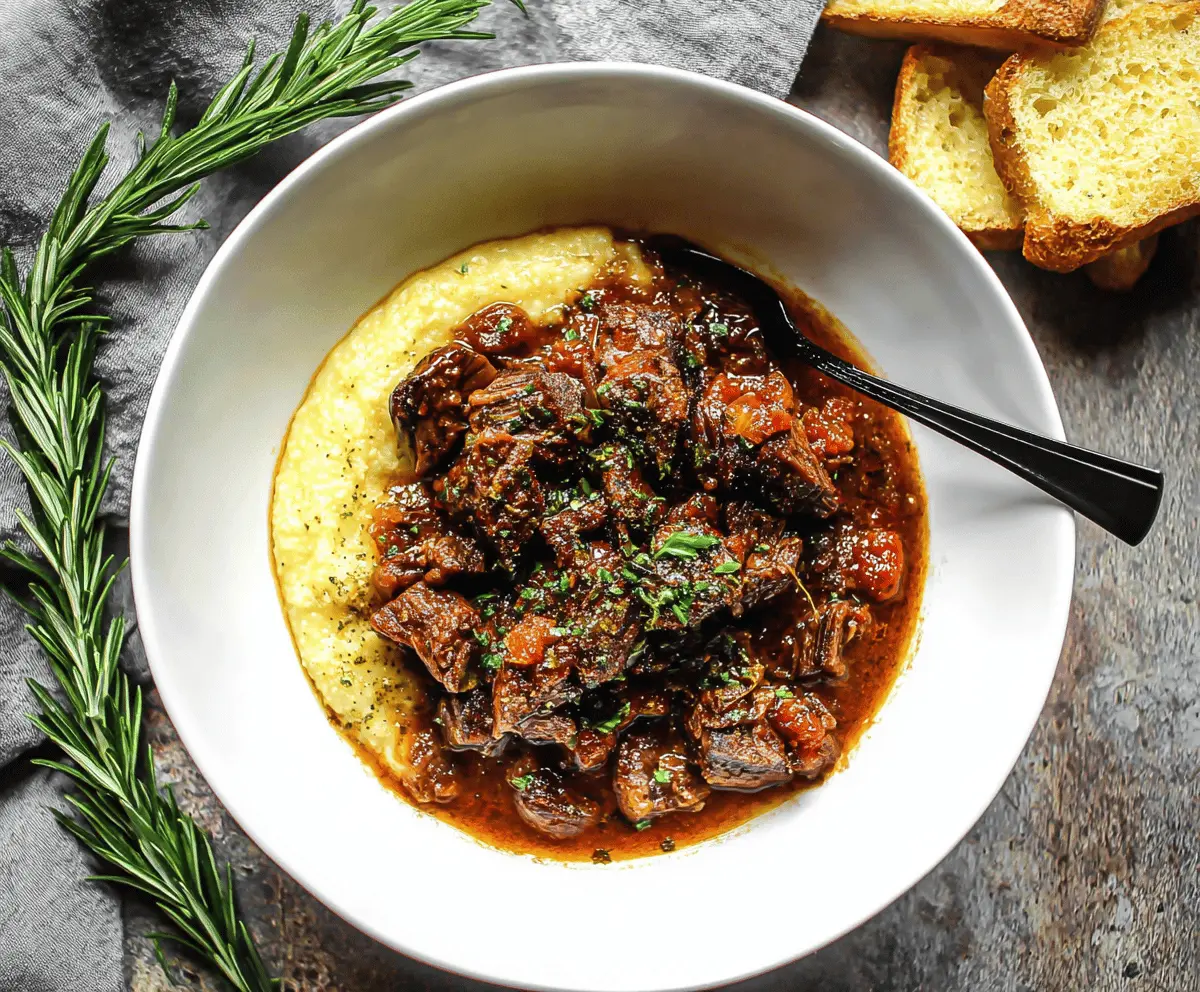 Savory Tuscan Beef Stew with tender beef chunks, fresh vegetables, and aromatic herbs in a rustic bowl