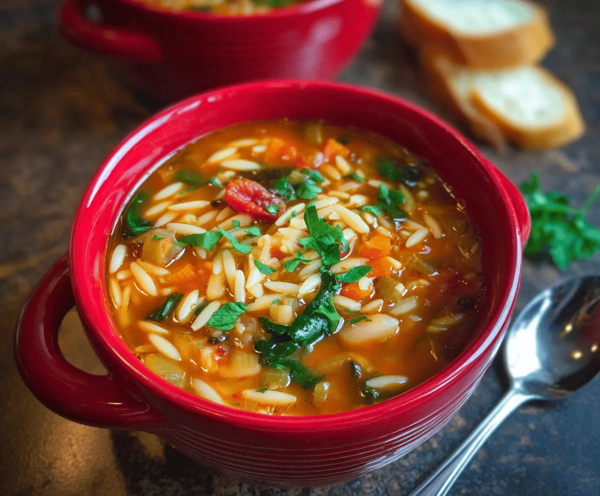 A steaming bowl of vegetable orzo soup with colorful chopped vegetables, herbs, and tender orzo pasta served in a white bowl on a rustic wooden table.