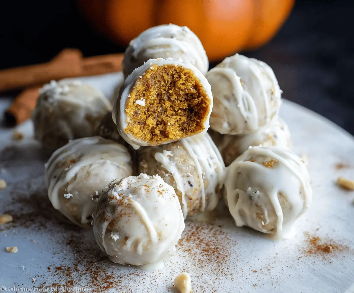 Creamy white chocolate pumpkin protein balls on a white plate, perfect healthy snack recipe with oats, pumpkin puree, and white chocolate drizzle.