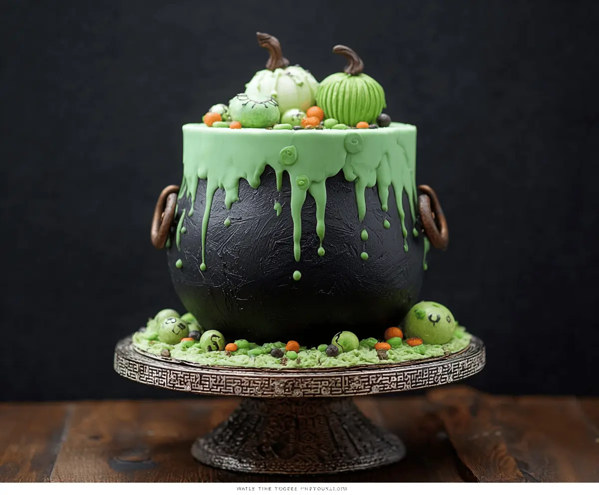 Delicious Witch Cauldron Cake with spooky green icing and candy decorations, perfect for Halloween celebrations.