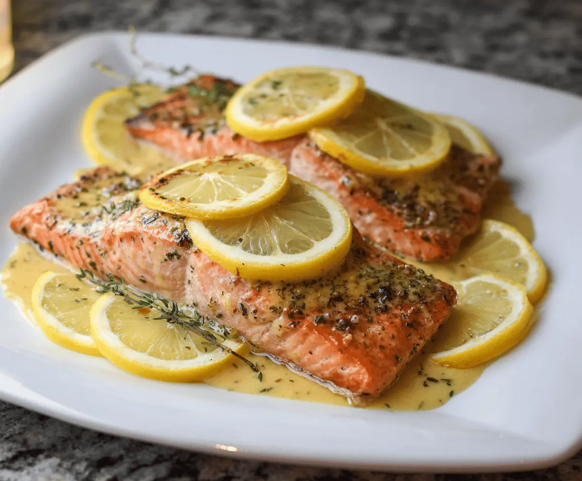 Delicious Zesty Lemon Dijon Salmon served with fresh herbs and lemon wedges on a white plate, perfect for a healthy seafood meal.