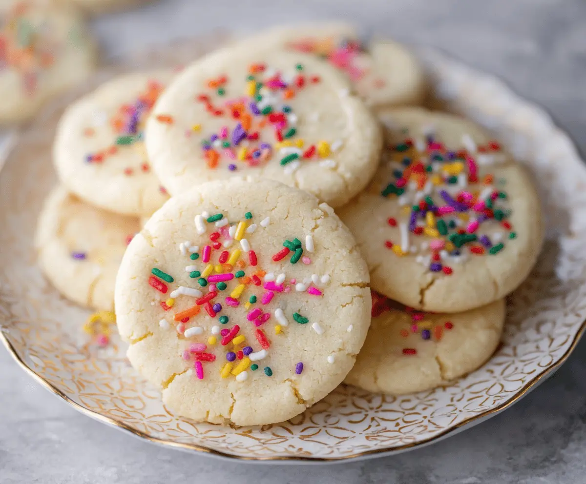 Delicious homemade 3-ingredient sugar cookies on a white plate, perfect for quick baking treats.