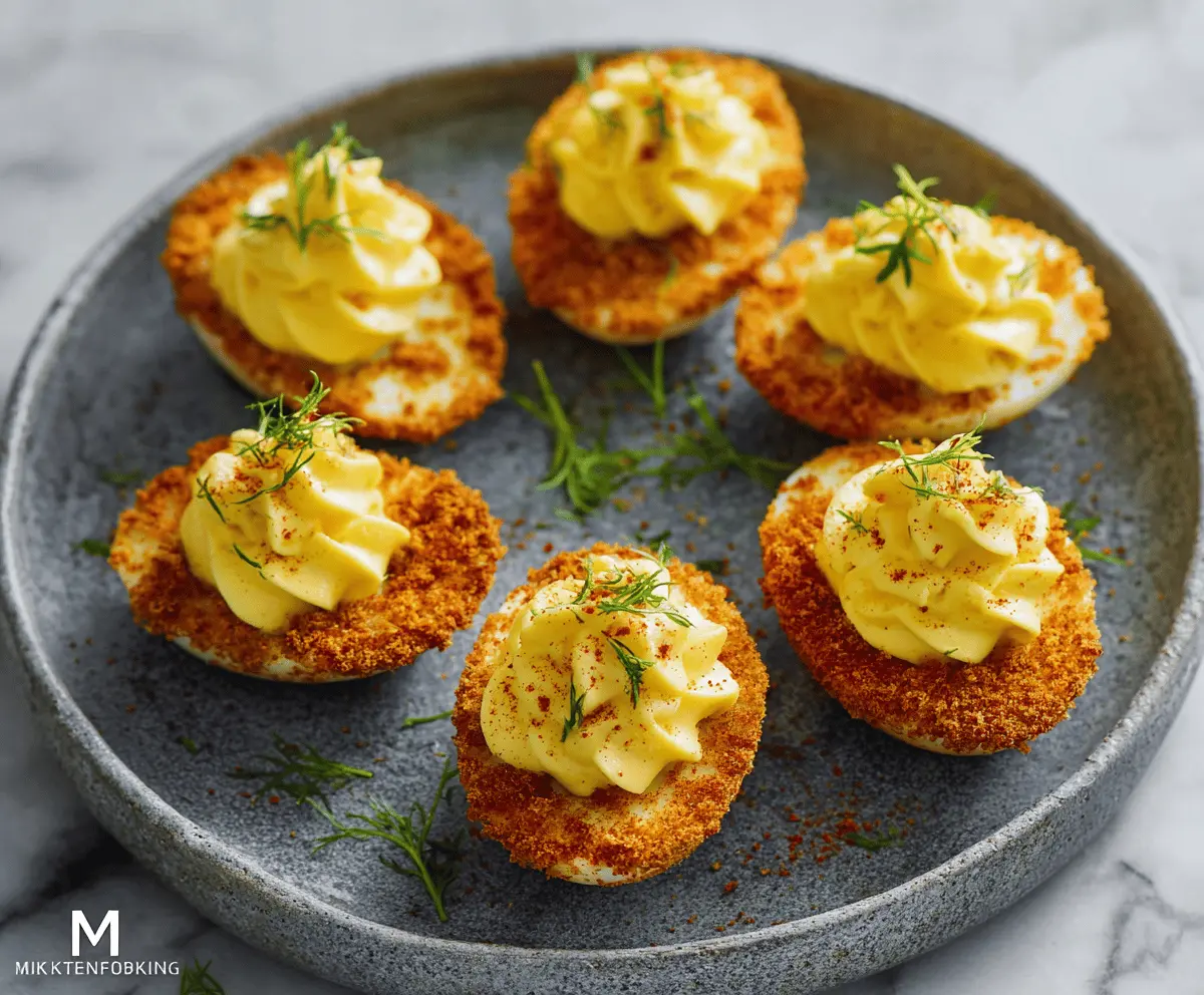Delicious Air Fryer Deviled Eggs on a serving plate, perfect appetizer for parties.