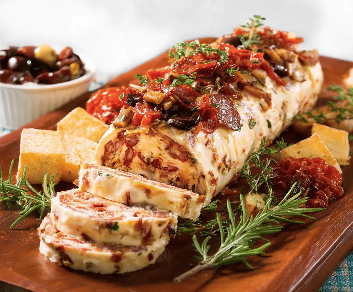 Delicious Antipasto Cheese Log with assorted meats and vegetables for appetizer or party platter