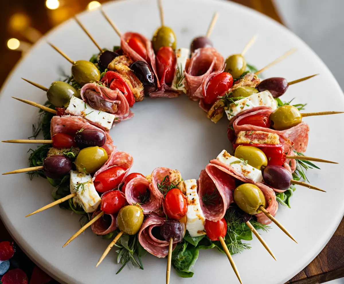 Colorful antipasto wreath skewers with meats, cheeses, and vegetables for a festive appetizer.