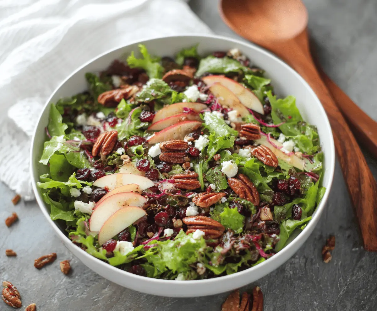 Refreshing Apple Cranberry Pecan Salad with mixed greens and light vinaigrette