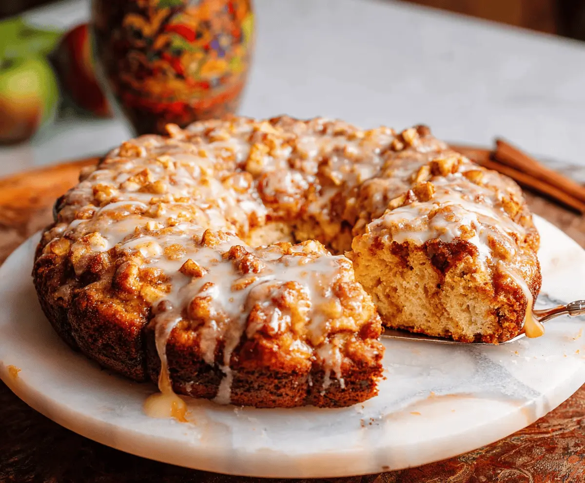 Delicious apple fritter cake with golden crust and cinnamon filling, perfect for dessert or breakfast